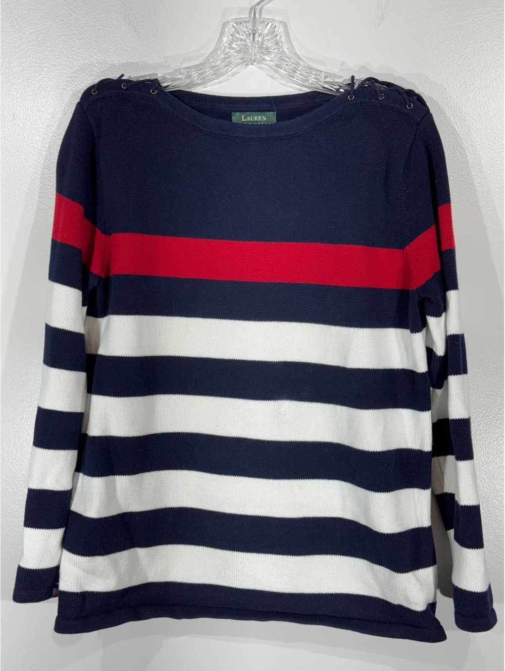 Lauren Ralph Lauren Women’s L Navy White Red Stripe Cotton Lace Up Sweater